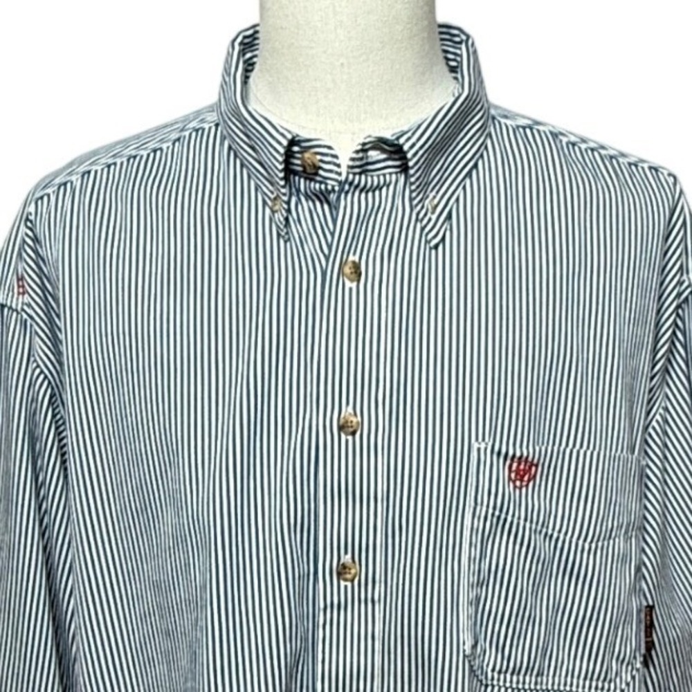 Ariat Flame Resistant FR Shirt Mens XXXL Blue Striped Long Sleeve Button Down‎